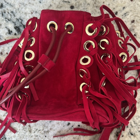 Paule Ka Fringed Red Suede Bucket Bag - Picture 6 of 6